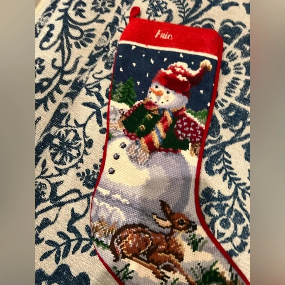 Vintage ERIC needlepoint Festive Snowman Christmas Stocking